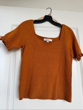 LOFT Short Sleeve Square Neck Knit Top in Rust Orange